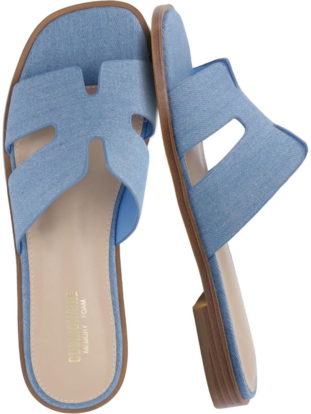 Women's Denim Memory Foam Vegan Leather Cutout Strap Slides Slip On Flat Shoes